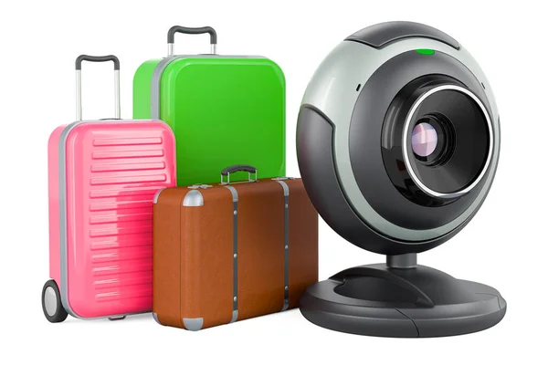 スーツケース付きウェブカメラ 白い背景に隔離された3Dレンダリング — ストック写真