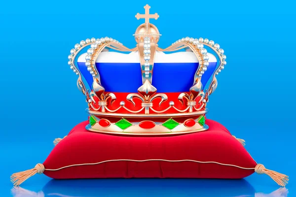 带俄罗斯国旗枕头的皇家金冠 蓝色背景的3D图像隔离 — 图库照片
