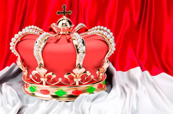 Королевская Золотая Корона Драгоценностями Фоне Флага Княжества Монако Рендеринг — стоковое фото