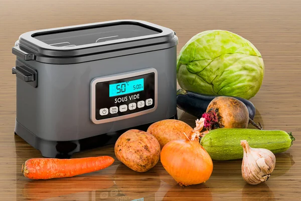 Sous Vide Machine Vegetables Wooden Table Rendering — Stock Photo, Image