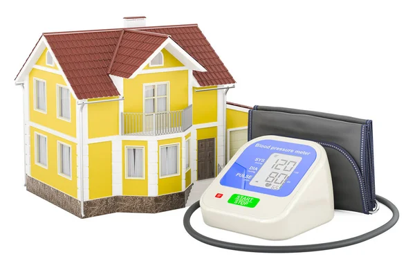 Automatisches Digitales Blutdruckmessgerät Mit Haus Rendering Isoliert Auf Weißem Hintergrund — Stockfoto