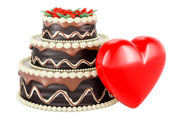 Bolo Chocolate Com Coração Vermelho Renderização Isolado Fundo Branco — Fotografia de Stock