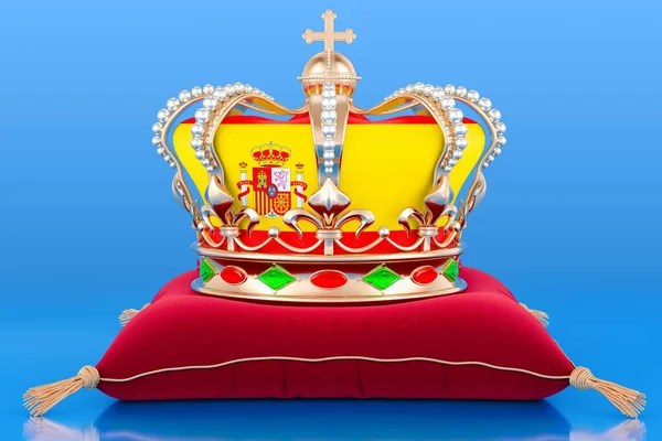 Королевская Золотая Корона Подушке Флагом Королевства Испания Рендеринг Синем Фоне — стоковое фото