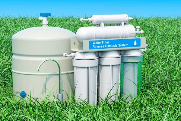 stock image Reverse Osmosis System on the green grass against blue sky, 3D rendering