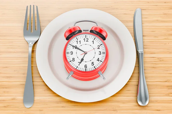 Ahşap Masa Üzerinde Alarm Saati Olan Yemek Tabağı Boyutlu — Stok fotoğraf