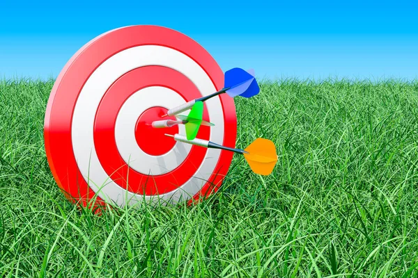 Target with arrows on the green grass against blue sky, 3D rendering