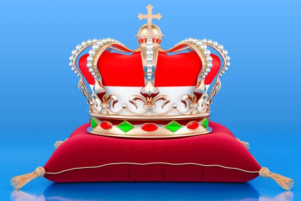 Королевская Золотая Корона Подушке Гербом Монако Рендеринг Синем Фоне — стоковое фото