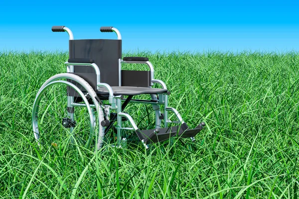 Wózek Inwalidzki Zielonej Trawie Błękitnym Niebem Renderowanie — Zdjęcie stockowe