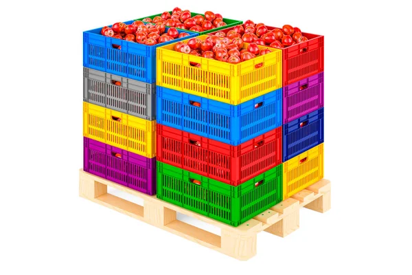 Plastic Crates Full Red Apples Wooden Pallet Rendering Isolated White — Stock Photo, Image