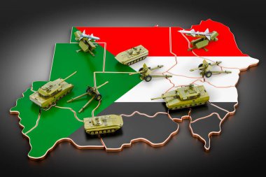 Sudan haritasında savaş araçları. Sudan 'ın askeri savunması, karanlık arka planda 3D görüntüleme 