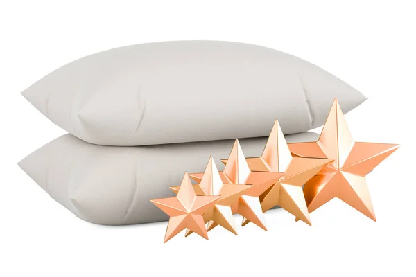 五つの黄金の星の枕 白い背景に隔離された3Dレンダリング — ストック写真