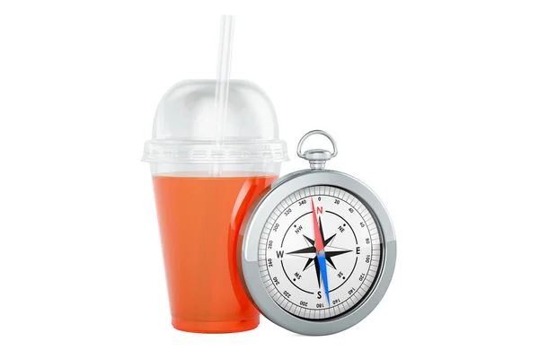 Plastic Transparent Disposable Cup Colored Drink Drinking Straw Compass Rendering — Stock Photo, Image