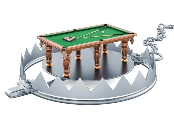 Billiard table inside bear trap, 3D rendering isolated on white background