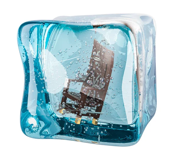 Electric chair frozen in ice cube, 3D rendering isolated on white background