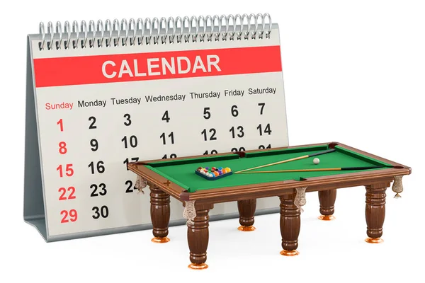 Billiard Table Balls Cue Desk Calendar Rendering Isolated White Background — Stock Photo, Image