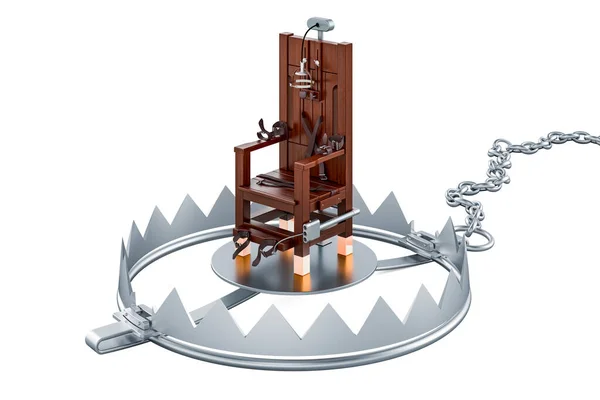 Electric chair inside bear trap, 3D rendering isolated on white background