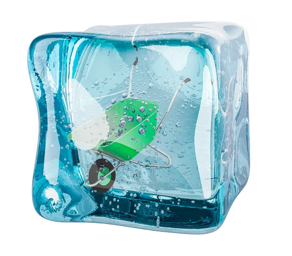 花园独轮车冻结在冰块中 3D渲染隔离在白色背景 — 图库照片