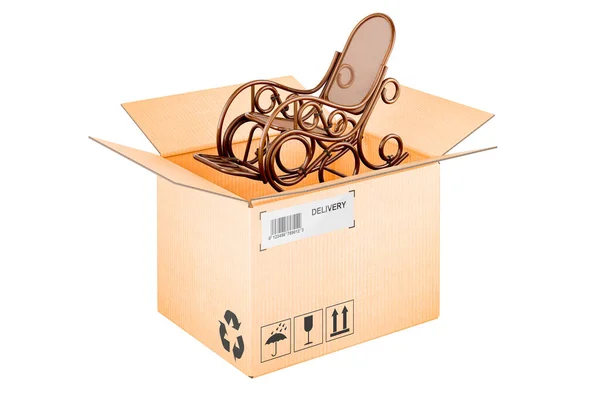 Rocking Chair Cardboard Box Delivery Concept Rendering Isolated White Background — Stock Photo, Image