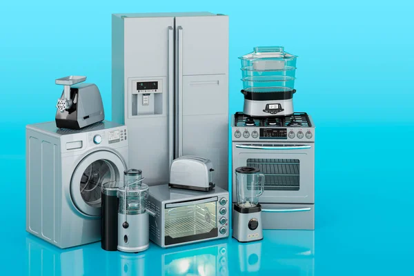 Set Von Küchen Und Haushaltsgeräten Auf Blauem Hintergrund Rendering — Stockfoto