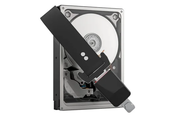 安全ベルト付きハードディスクドライブHdd セキュリティと保護の概念 白い背景に隔離された3Dレンダリング — ストック写真