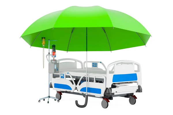 Modern Verstelbaar Ziekenhuisbed Onder Paraplu Weergave Geïsoleerd Witte Achtergrond — Stockfoto
