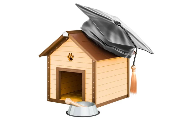 Eğitim Şapkalı Ahşap Köpek Kulübesi Beyaz Arka Planda Boyutlu Görüntüleme — Stok fotoğraf