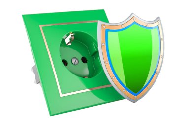 Kalkanlı elektrik soketi, beyaz arkaplanda 3 boyutlu görüntüleme 