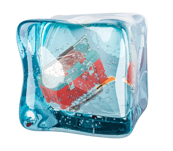 冻结在冰块中的工具箱 在白色背景上隔离的3D渲染 — 图库照片