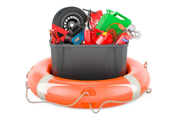 Plastic Box Full Car Tools Equipment Accessories Lifebuoy Rendering Isolated — Stock Photo, Image