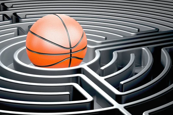 Basketball ball inside dark labyrinth, 3D rendering