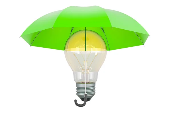 Glühbirne Unter Regenschirm Rendering Isoliert Auf Weißem Hintergrund — Stockfoto
