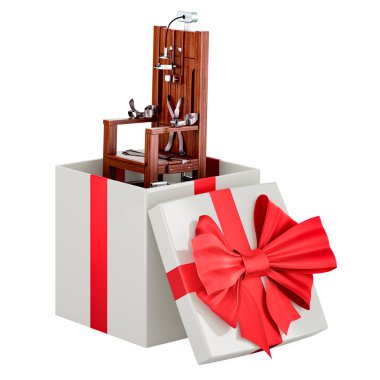 Hediye kutusunun içindeki elektrikli sandalye, beyaz arkaplanda 3 boyutlu görüntüleme   