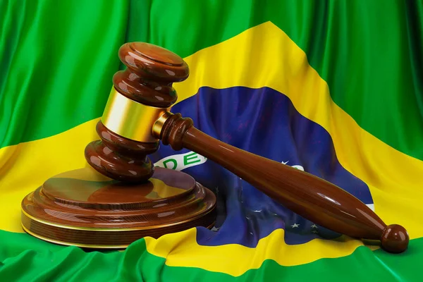 ブラジルの法律と正義の概念 ブラジルの旗の上に木製の砂利 3Dレンダリング — ストック写真