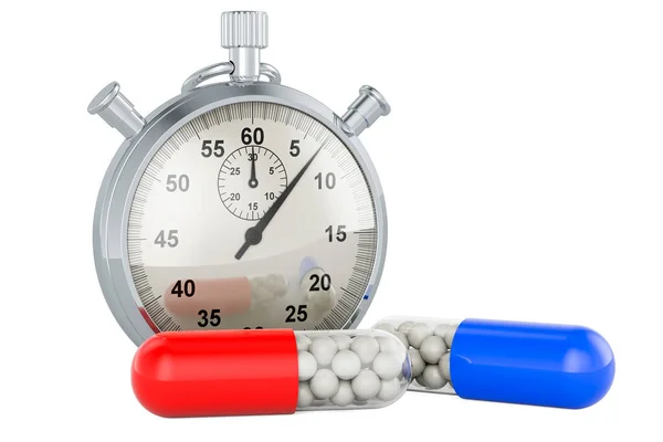 Cápsulas Medicamentosas Con Cronómetro Representación Aislada Sobre Fondo Blanco —  Fotos de Stock