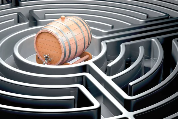 Wooden barrel inside dark labyrinth, 3D rendering