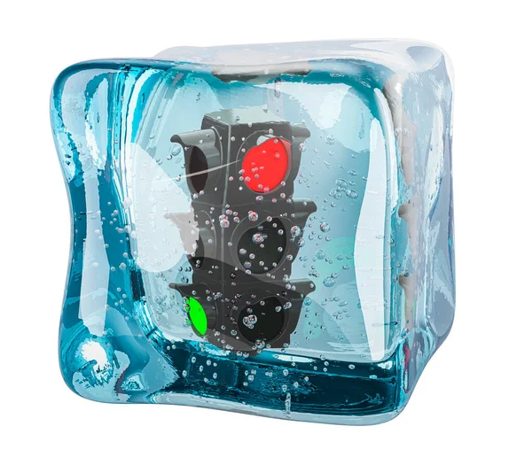 Traffic Light Frozen Ice Cube Rendering Isolated White Background — Stock Photo, Image