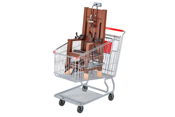 Electric chair inside shopping cart, 3D rendering isolated on white background