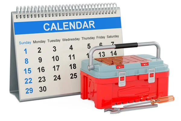 Werkzeugkiste Mit Schreibtischkalender Rendering Isoliert Auf Weißem Hintergrund — Stockfoto