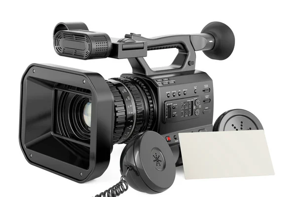 空白の名刺とレトロな携帯電話の受信機を備えたプロ仕様のビデオカメラ 白い背景に隔離された3Dレンダリング — ストック写真