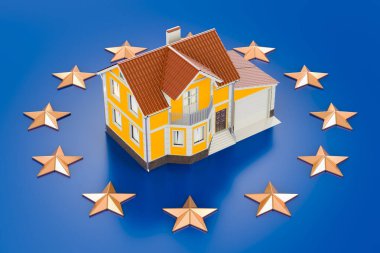 Avrupa Birliği konseptinde gayrimenkul. Avrupa Birliği bayrağında bir ev. Satılık mülk, kira veya ipotek. 3B görüntüleme