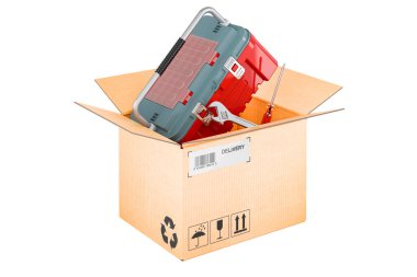 Karton kutunun içindeki araç kutusu, dağıtım konsepti, beyaz arkaplanda 3 boyutlu görüntüleme   