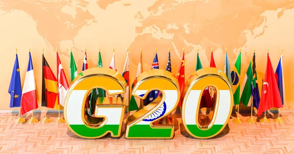 Встреча Группы Двадцати Индии Флаги Стран G20 Помещении Рендеринг — стоковое фото