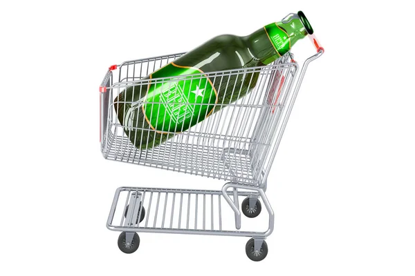 啤酒瓶内购物车 3D渲染隔离的白色背景 — 图库照片