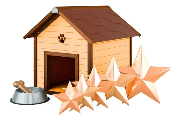 Tahta Köpek Kulübesi Kâse Kemikli Altın Yıldızlı Boyutlu Beyaz Arka — Stok fotoğraf