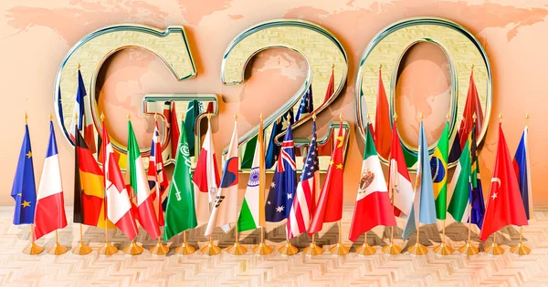 G20 Concepto Reunión Banderas Todos Los Miembros G20 Habitación Renderizado — Foto de Stock