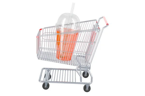 ショッピングカート内の飲料とプラスチック透明使い捨てカップ 白い背景に隔離された3Dレンダリング — ストック写真