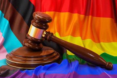 LGBTQ hakları kavramı, gökkuşağı bayraklı ahşap tokmak, 3D görüntüleme