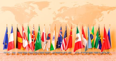 G20 toplantısı, tüm üyelerin bayrakları G-20 odasında. 3B görüntüleme