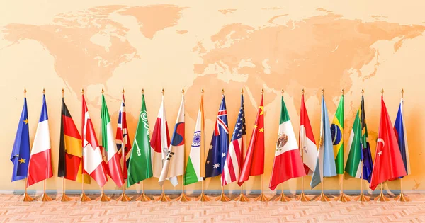 Встреча Группы Двадцати Флаги Участников G20 Помещении Рендеринг — стоковое фото