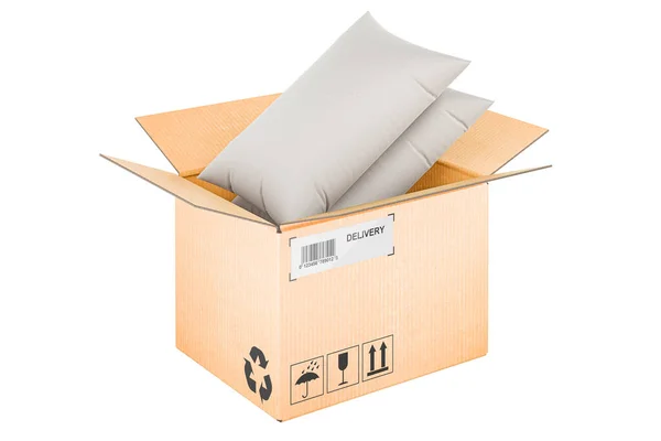 Travesseiros Dentro Caixa Papelão Conceito Entrega Renderização Isolada Fundo Branco — Fotografia de Stock